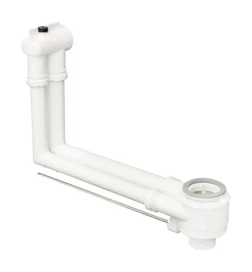 Weißes Abfluss- und Überlaufgarnitur-System von Hansgrohe für Waschbecken, besteht aus geraden und gebogenen Rohren sowie einem Anschluss für die Excenterbetätigung.